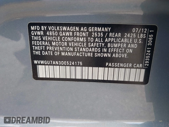 2013 Volkswagen CC Executive z VIN WVWGU7AN3DE524175, wystawiony jako IAAI lot #42401952 z przebiegiem 165 023 mil mil oraz . Historia ofert i sprzedaży dostępna na DreamBid. Obrazek 9.