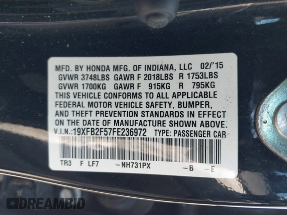 2015 Honda Civic LX with VIN 19XFB2F57FE236972, listed as a IAAI auction lot 42136355 with 114,230 mi miles and . Bid and sale history available at DreamBid. Image 9.