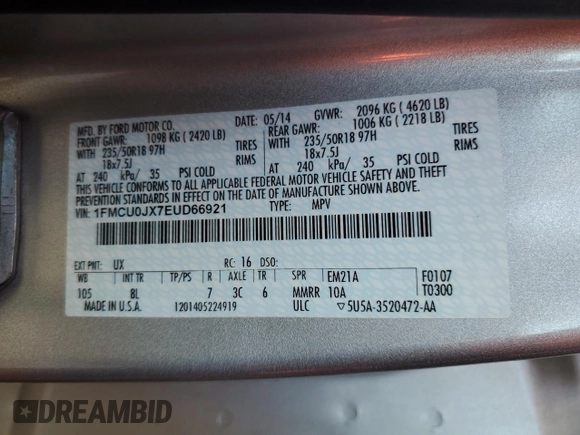 2014 Ford Escape Titanium with VIN 1FMCU0JX7EUD66921, listed as a Copart auction lot 50502105 with 170,624 mi miles and Salvage Title. Bid and sale history available at carsss.com. Image 14.