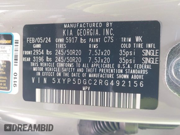 2024 Kia Telluride SX X-Pro с VIN 5XYP5DGC2RG492156, выставлен на аукционе IAAI как лот 42193572 с пробегом 7 888 миль миль и . История ставок и продаж доступна на DreamBid. Изображение 9.