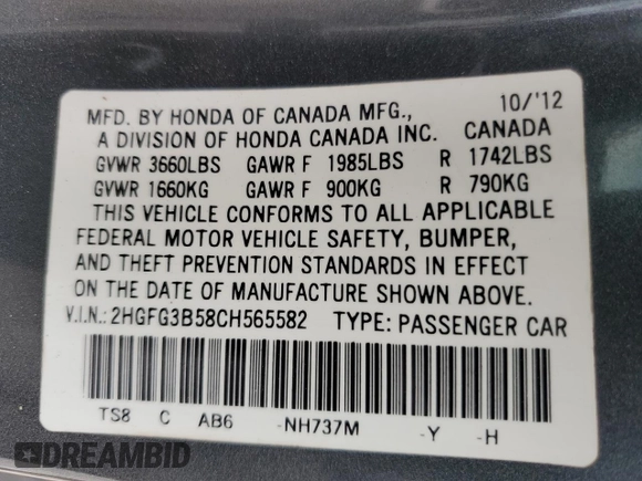 2012 Honda Civic Cpe LX with VIN 2HGFG3B58CH565582, listed as a Copart auction lot 51596875 with 212,658 mi miles and Salvage Title. Bid and sale history available at carsss.com. Image 12.