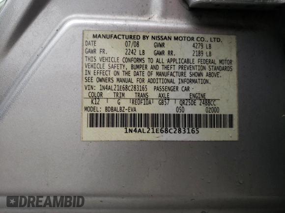 2008 Nissan Altima 2.5 with VIN 1N4AL21E68C283165, listed as a Copart auction lot 50889605 with 185,315 mi miles and Salvage Title. Bid and sale history available at carsss.com. Image 12.