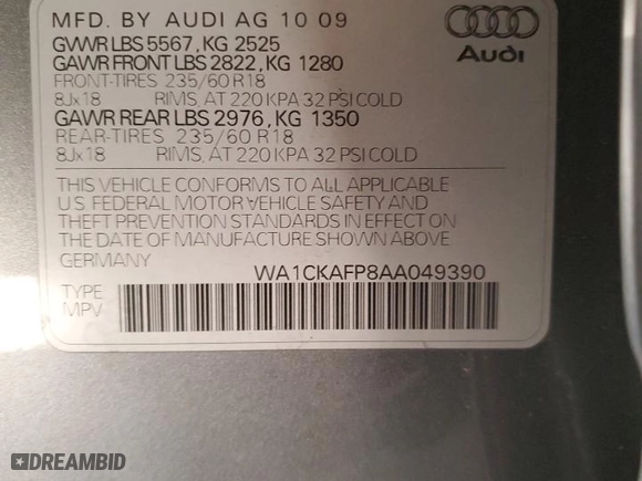 2010 Audi Q5 Premium with VIN WA1CKAFP8AA049390, listed as a Copart auction lot 41990955 with 0 mi miles and Salvage Title. Bid and sale history available at carsss.com. Image 12.