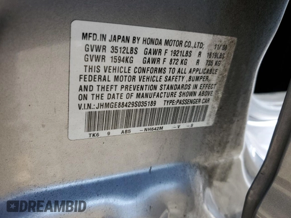 2009 Honda Fit Sport with VIN JHMGE88429S035189, listed as a Copart auction lot 53992725 with 87,030 mi miles and Salvage Title. Bid and sale history available at carsss.com. Image 12.