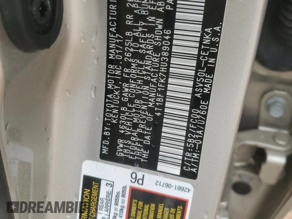 2017 Toyota Camry XLE with VIN 4T1BF1FK7HU389046, listed as a Copart auction lot 46071005 with Not Provided miles and Non Repairable. Bid and sale history available at DreamBid. Image 12.