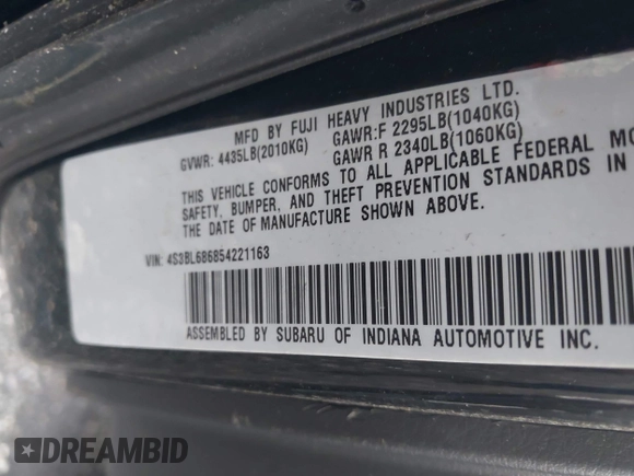 2005 Subaru Legacy GT with VIN 4S3BL686854221163, listed as a IAAI auction lot 42619072 with 211,324 mi miles and . Bid and sale history available at DreamBid. Image 9.