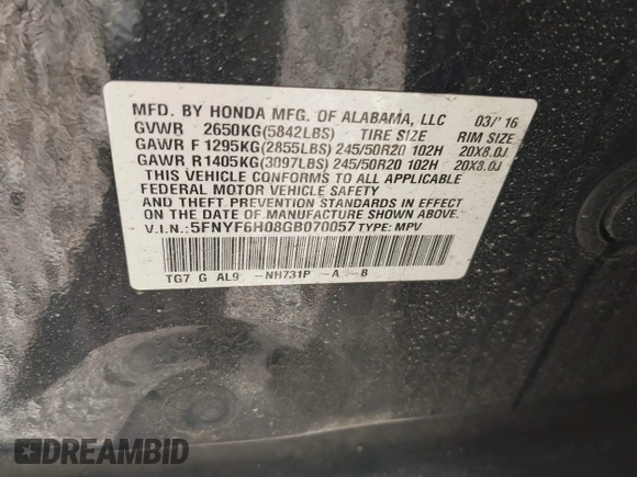 2016 Honda Pilot Elite with VIN 5FNYF6H08GB070057, listed as a IAAI auction lot 42103166 with Not Provided miles. Bid and sale history available at carsss.com. Image 9.