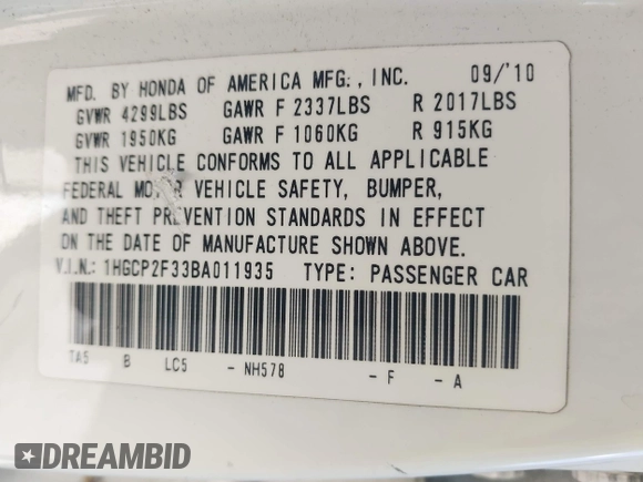2011 Honda Accord LX with VIN 1HGCP2F33BA011935, listed as a IAAI auction lot 42556687 with 293,722 mi miles and . Bid and sale history available at DreamBid. Image 9.