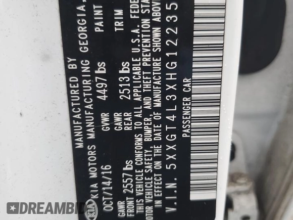 2017 Kia Optima LX z VIN 5XXGT4L3XHG122359, wystawiony jako Copart lot #43523765 z przebiegiem 137 668 mil mil oraz Szkoda całkowita • Salvage title. Historia ofert i sprzedaży dostępna na DreamBid. Obrazek 12.