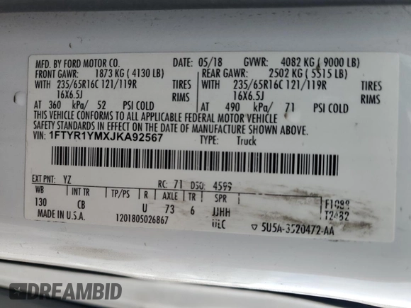 2018 Ford Transit with VIN 1FTYR1YMXJKA92567, listed as a Copart auction lot 76493664 with 83,397 mi miles and Salvage title. Bid and sale history available at DreamBid. Image 16.