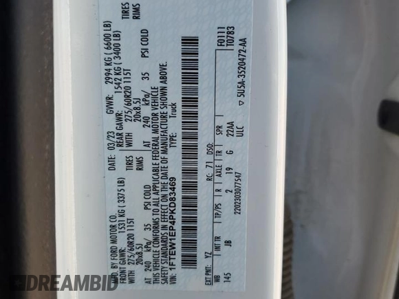 2023 Ford F-150 XL with VIN 1FTEW1EP4PKD83469, listed as a Copart auction lot 53099625 with 45,744 mi miles and Salvage title. Bid and sale history available at DreamBid. Image 13.