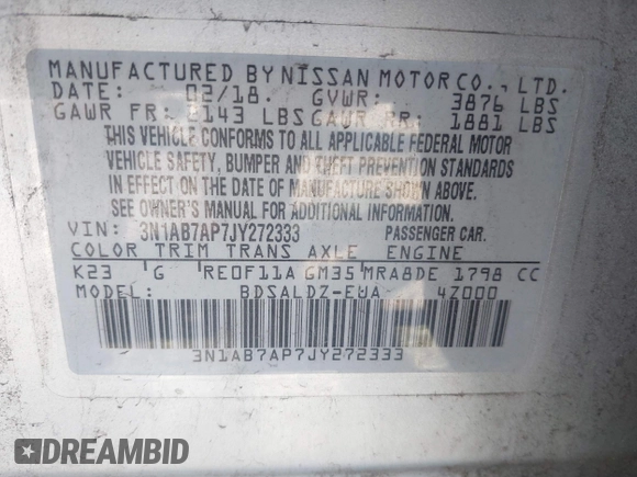 2018 Nissan Sentra SR with VIN 3N1AB7AP7JY272333, listed as a IAAI auction lot 41904865 with 204,805 mi miles and . Bid and sale history available at DreamBid. Image 9.