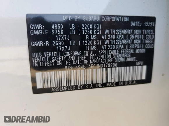 2022 Subaru Outback Premium with VIN 4S4BTAFC1N3179206, listed as a Copart auction lot 59919945 with 29,700 mi miles and Salvage title. Bid and sale history available at DreamBid. Image 13.
