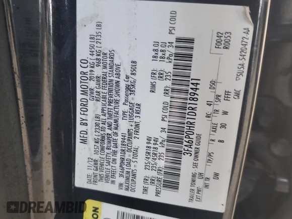 2013 Ford Fusion SE with VIN 3FA6P0HR1DR189441, listed as a Copart auction lot 60928745 with Not provided miles and Non repairable. Bid and sale history available at DreamBid. Image 12.