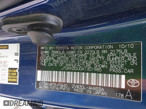 2010 Toyota Prius Four with VIN JTDKN3DU0A1301985, listed as a IAAI auction lot 42217421 with 198,940 mi miles and . Bid and sale history available at DreamBid. Image 9.