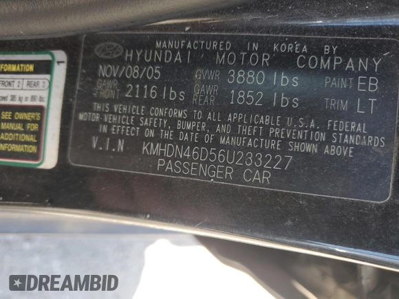 2006 Hyundai Elantra GLS z VIN KMHDN46D56U233227, wystawiony jako Copart lot #54752385 z przebiegiem Nie podano mil oraz Szkoda całkowita • Salvage title. Historia ofert i sprzedaży dostępna na DreamBid. Obrazek 12.