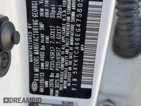 2014 Kia Sorento LX with VIN 5XYKTCA66EG475805, listed as a Copart auction lot 46880805 with 140,722 mi miles and Salvage Title. Bid and sale history available at carsss.com. Image 13.