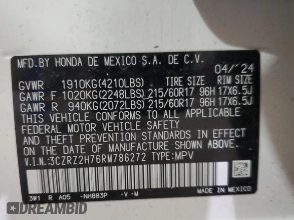 2024 Honda HR-V EX-L z VIN 3CZRZ2H76RM786272, wystawiony jako Copart lot #42330755 z przebiegiem 11 239 mil mil oraz Szkoda całkowita • Salvage title. Historia ofert i sprzedaży dostępna na DreamBid. Obrazek 15.