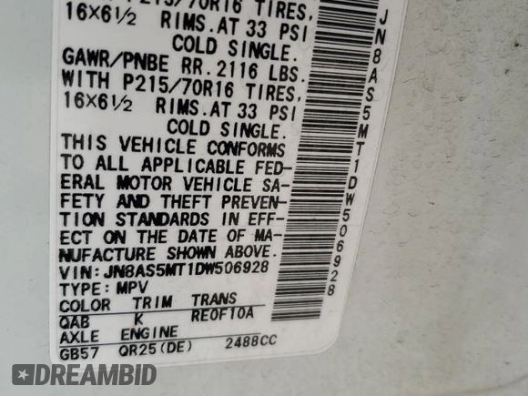 2013 Nissan Rogue S with VIN JN8AS5MT1DW506928, listed as a Copart auction lot 54504085 with 202,786 mi miles and Salvage Title. Bid and sale history available at carsss.com. Image 14.