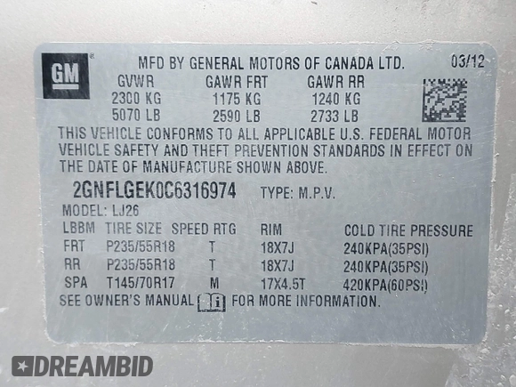 2012 Chevrolet Equinox LTZ with VIN 2GNFLGEK0C6316974, listed as a IAAI auction lot 41300543 with 107,092 mi miles. Bid and sale history available at carsss.com. Image 9.