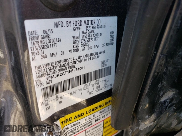 2015 Ford Expedition EL Limited with VIN 1FMJK2AT1FEF51001, listed as a Copart auction lot 62021754 with 0 mi miles and Salvage Title. Bid and sale history available at carsss.com. Image 13.
