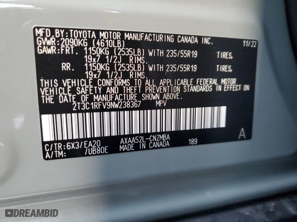2022 Toyota RAV4 XLE Premium with VIN 2T3C1RFV9NW238367, listed as a Copart auction lot 45426375 with 35,213 mi miles and Salvage Title. Bid and sale history available at carsss.com. Image 16.