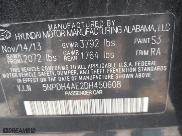 2013 Hyundai Elantra GLS with VIN 5NPDH4AE2DH450608, listed as a IAAI auction lot 41932150 with 188,509 mi miles. Bid and sale history available at carsss.com. Image 9.