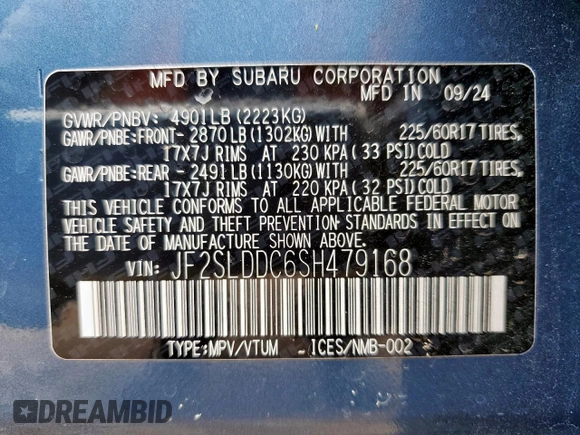 2025 Subaru Forester Premium with VIN JF2SLDDC6SH479168, listed as a Copart auction lot 61087685 with 6,039 mi miles and Non repairable. Bid and sale history available at DreamBid. Image 14.
