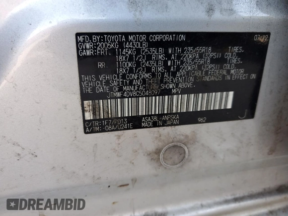 2012 Toyota RAV4 Sport with VIN JTMWF4DV8C5048097, listed as a Copart auction lot 54882535 with 86,061 mi miles and Salvage title. Bid and sale history available at DreamBid. Image 12.