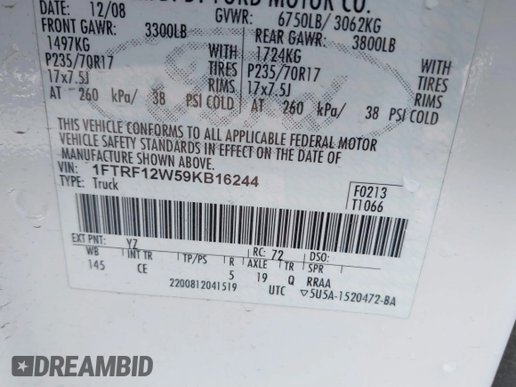 2009 Ford F-150 XL with VIN 1FTRF12W59KB16244, listed as a IAAI auction lot 41734398 with 235,257 mi miles and . Bid and sale history available at DreamBid. Image 9.