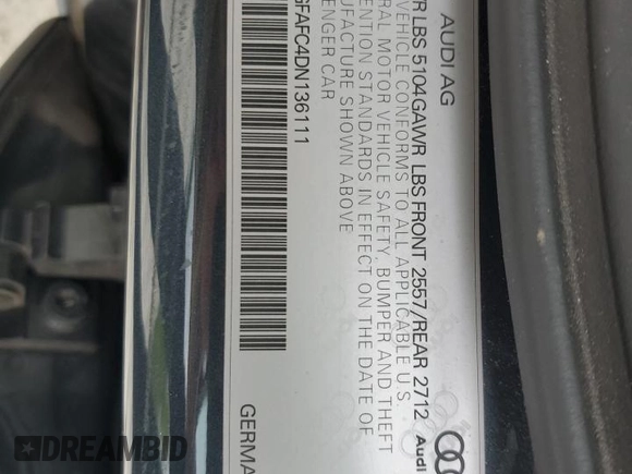 2013 Audi A6 Premium Plus z VIN WAUGFAFC4DN136111, wystawiony jako Copart lot #53983045 z przebiegiem 122 046 mil mil oraz Szkoda całkowita • Salvage title. Historia ofert i sprzedaży dostępna na DreamBid. Obrazek 13.