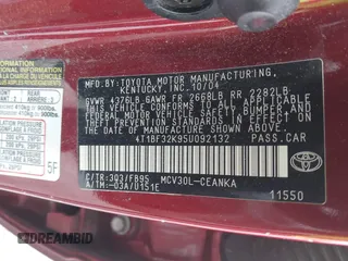 2005 Toyota Camry LE with VIN 4T1BF32K95U092132, listed as a IAAI auction lot 41831969 with 103,466 mi miles and . Bid and sale history available at DreamBid. Image 9.