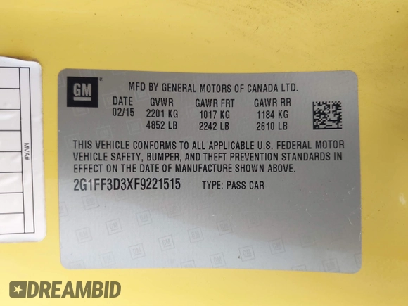 2015 Chevrolet Camaro LT with VIN 2G1FF3D3XF9221515, listed as a IAAI auction lot 41017371 with 118,438 mi miles. Bid and sale history available at carsss.com. Image 9.