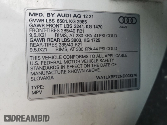 2022 Audi Q7 Premium Plus z VIN WA1LXBF72ND008376, wystawiony jako Copart lot #60285845 z przebiegiem 36 713 mil mil oraz Szkoda całkowita • Salvage title. Historia ofert i sprzedaży dostępna na DreamBid. Obrazek 12.