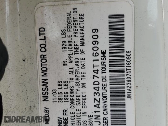 2004 Nissan 350Z Touring with VIN JN1AZ34D74T160909, listed as a Copart auction lot 58302075 with 54,100 mi miles and Salvage title. Bid and sale history available at DreamBid. Image 12.