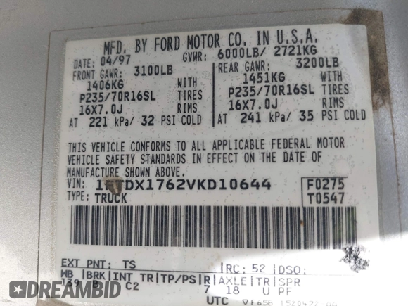 1997 Ford F-150 with VIN 1FTDX1762VKD10644, listed as a IAAI auction lot 42405458 with 215,835 mi miles and . Bid and sale history available at DreamBid. Image 9.
