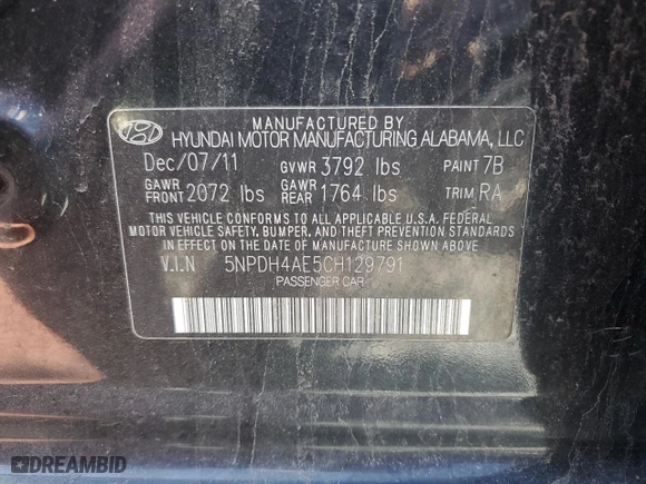 2012 Hyundai Elantra GLS PZEV with VIN 5NPDH4AE5CH129791, listed as a Copart auction lot 53077695 with 143,711 mi miles and Clean Title. Bid and sale history available at carsss.com. Image 12.