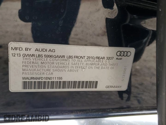 2014 Audi A8 3.0L TDI with VIN WAURMAFD1EN011155, listed as a Copart auction lot 49234365 with 106,967 mi miles and Salvage title. Bid and sale history available at DreamBid. Image 14.