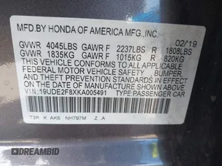 2019 Acura ILX w/Premium/A-Spec Pkg with VIN 19UDE2F8XKA005491, listed as a IAAI auction lot 41949481 with 44,282 mi miles. Bid and sale history available at carsss.com. Image 9.