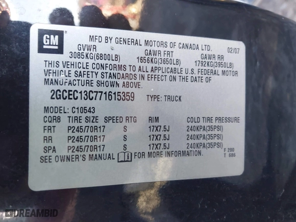 2007 Chevrolet Silverado 1500 LT w/1LT with VIN 2GCEC13C771615359, listed as a IAAI auction lot 41625289 with 176,659 mi miles. Bid and sale history available at carsss.com. Image 9.