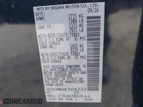 2017 Infiniti QX60 with VIN 5N1DL0MM3HC504232, listed as a IAAI auction lot 41940671 with 156,488 mi miles and . Bid and sale history available at DreamBid. Image 9.