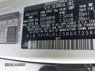 2022 Kia Sorento X-Line S with VIN 5XYRLDLC5NG072566, listed as a IAAI auction lot 41297519 with 52,365 mi miles. Bid and sale history available at carsss.com. Image 9.