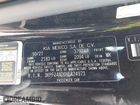 2022 Kia Forte LXS with VIN 3KPF24AD6NE424973, listed as a IAAI auction lot 41845140 with 49,917 mi miles and . Bid and sale history available at DreamBid. Image 9.