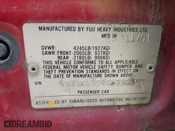 1995 Subaru Legacy L with VIN 4S3BK6354S6330897, listed as a IAAI auction lot 42480561 with 298,813 mi miles and . Bid and sale history available at DreamBid. Image 9.