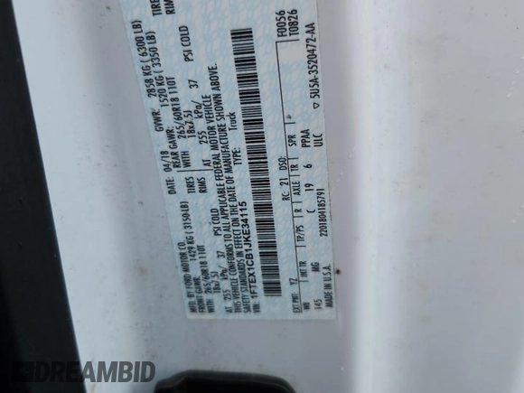 2018 Ford F-150 XL z VIN 1FTEX1CB1JKE34115, wystawiony jako Copart lot #59614915 z przebiegiem 58 265 mil mil oraz Szkoda całkowita • Salvage title. Historia ofert i sprzedaży dostępna na DreamBid. Obrazek 12.