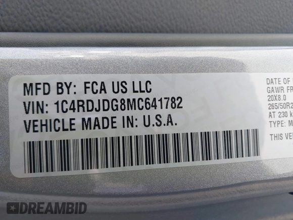2021 Dodge Durango GT Plus with VIN 1C4RDJDG8MC641782, listed as a IAAI auction lot 42578187 with 80,796 mi miles and . Bid and sale history available at DreamBid. Image 9.