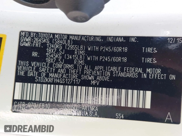 2016 Toyota Highlander LE Plus z VIN 5TDZKRFH4GS127117, wystawiony jako IAAI lot #42054767 z przebiegiem 167 253 mil mil oraz . Historia ofert i sprzedaży dostępna na DreamBid. Obrazek 9.