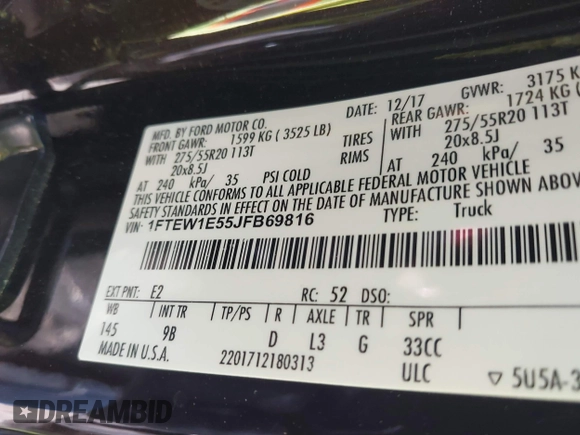 2018 Ford F-150 XL with VIN 1FTEW1E55JFB69816, listed as a IAAI auction lot 41668305 with 96,685 mi miles and . Bid and sale history available at DreamBid. Image 9.