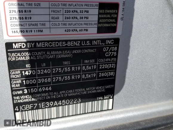 2009 Mercedes-Benz GL-Class 4.6L with VIN 4JGBF71E39A450223, listed as a Copart auction lot 76686084 with 189,999 mi miles and Salvage Title. Bid and sale history available at carsss.com. Image 14.