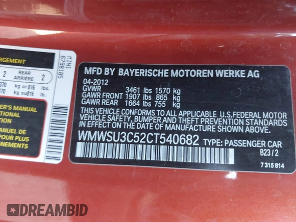 2012 MINI Hardtop with VIN WMWSU3C52CT540682, listed as a IAAI auction lot 41263749 with 69,292 mi miles and . Bid and sale history available at DreamBid. Image 9.